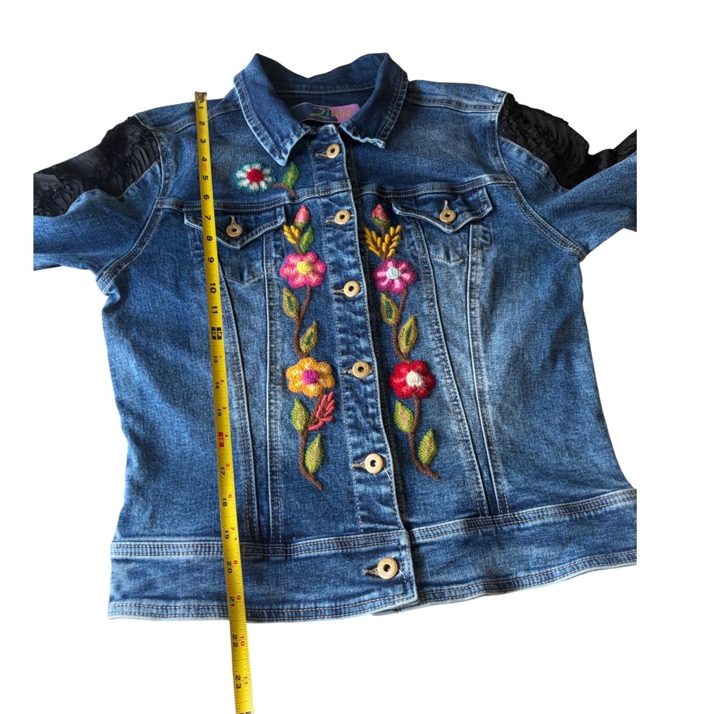 Zibella Jeans Embroidered Virgin Mary Denim Jacket Blue Lace Sleeve Women Medium - Picture 5 of 11